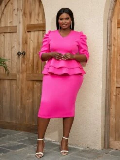 Patchwork High Rise Draped Sleeve Midi Dress -Women's Clothing Shop P 20231212134525466 950