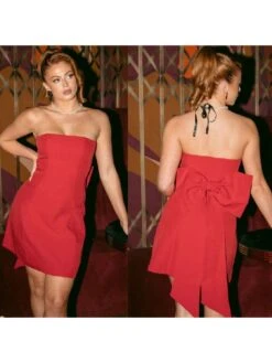 Solid Color Bow Strapless Slim Mini Dress -Women's Clothing Shop P 20231219104254609 854