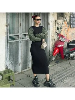 Ruched Colorblock Cargo Long Sleeve Dress -Women's Clothing Shop P 20231220150732157 831