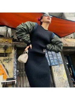 Ruched Colorblock Cargo Long Sleeve Dress -Women's Clothing Shop P 20231220150737112 408