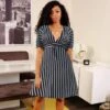 Striped V Neck Bandage A-line Midi Dress -Women's Clothing Shop P 20231221143818379 850