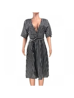 Striped V Neck Bandage A-line Midi Dress -Women's Clothing Shop P 20231221143820801 309