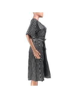 Striped V Neck Bandage A-line Midi Dress -Women's Clothing Shop P 20231221143823218 232
