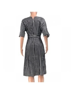 Striped V Neck Bandage A-line Midi Dress -Women's Clothing Shop P 20231221143825572 668