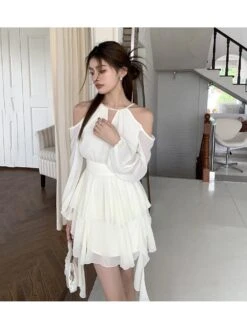 Patchwork Lace Up Lantern Sleeve A-line Dress -Women's Clothing Shop P 20231222121555953 854