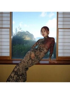 See Through Floral Printed Highneck Maxi Dress