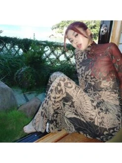 See Through Floral Printed Highneck Maxi Dress -Women's Clothing Shop P 20231226202952835 615