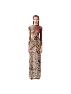 See Through Floral Printed Highneck Maxi Dress -Women's Clothing Shop P 20231226202955365 171