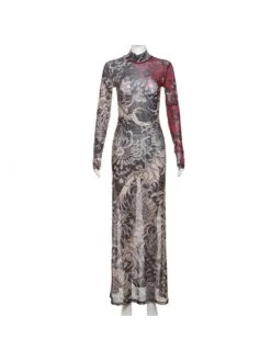 See Through Floral Printed Highneck Maxi Dress -Women's Clothing Shop P 20231226203000440 199