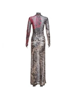 See Through Floral Printed Highneck Maxi Dress -Women's Clothing Shop P 20231226203005498 191