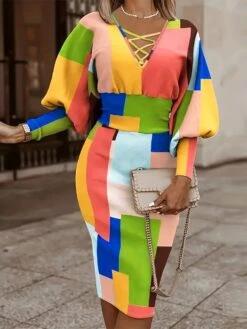 Tie-wrap Colorblock V Neck Midi Dress