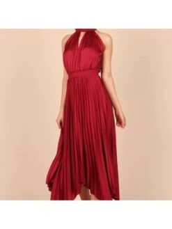 Solid Color Halter Pleated Irregular Mid-rise Dress