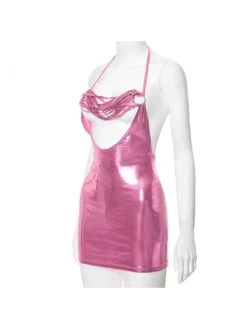 Metallic Hollow Out Halter Backless Mini Dress -Women's Clothing Shop P 20240105145321201 112