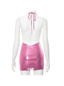 Metallic Hollow Out Halter Backless Mini Dress -Women's Clothing Shop P 20240105145323350 642