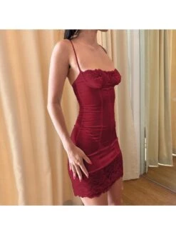 Lace Patchwork Fitted Spaghetti Straps Dress -Women's Clothing Shop P 20240105164342086 501