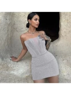 Hollow Out Sequin Strapless Mini Dress -Women's Clothing Shop P 20240110132714022 456
