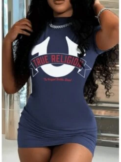 Letter Pattern Round Neck Fitted Mini Dress