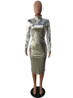 Metallic Color Fitted Long Sleeve Maxi Dress -Women's Clothing Shop P 20240110164946015 967