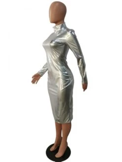 Metallic Color Fitted Long Sleeve Maxi Dress -Women's Clothing Shop P 20240110164948726 452