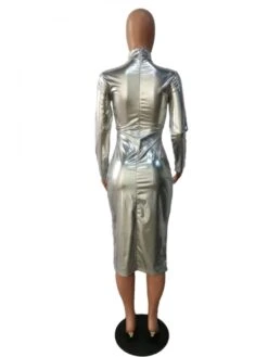 Metallic Color Fitted Long Sleeve Maxi Dress -Women's Clothing Shop P 20240110164951423 233