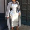Metallic Color Fitted Long Sleeve Maxi Dress -Women's Clothing Shop P 20240110165117317 546