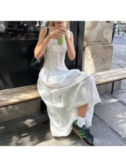 Ruched Patchwork Lace-Up Cotton Dress -Women's Clothing Shop P 20240111145654912 927