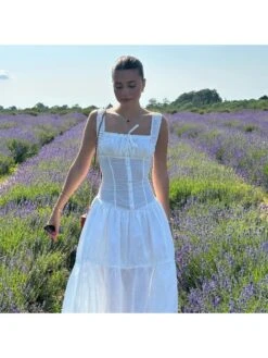 Ruched Patchwork Lace-Up Cotton Dress -Women's Clothing Shop P 20240111145657451 580