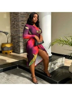 Irregular Printed Bodycon Long Sleeves Dress