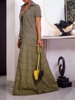 Plus Size Geometric Pattern Short Sleeve Maxi Shirts Dress -Women's Clothing Shop P 20240112110755935 709