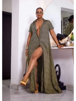 Plus Size Geometric Pattern Short Sleeve Maxi Shirts Dress -Women's Clothing Shop P 20240112110758528 111