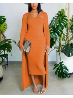 Solid Strapless Maxi Dress Cardigan Suit