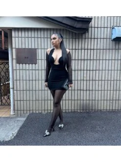 See Through Halter Fitted Long Sleeves Dress -Women's Clothing Shop P 20240115142041154 855