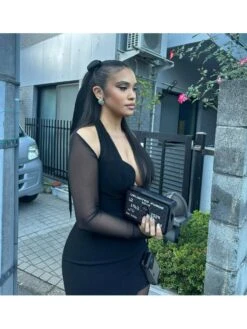 See Through Halter Fitted Long Sleeves Dress -Women's Clothing Shop P 20240115142044167 542