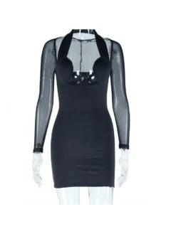See Through Halter Fitted Long Sleeves Dress -Women's Clothing Shop P 20240115142047291 541