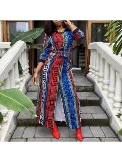Print High Rise Slit Shirts Maxi Dress