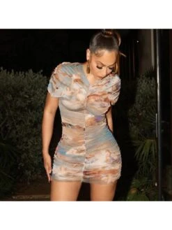 Ruched Print Short Sleeve Mini Dress