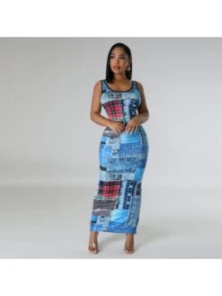 Colorblock U Neck Sleeveless Maxi Dress