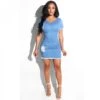 Solid Color Denim Fitted Short Sleeve Dress -Women's Clothing Shop P 20240130114502071 916