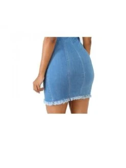 Solid Color Denim Fitted Short Sleeve Dress -Women's Clothing Shop P 20240130114504642 247