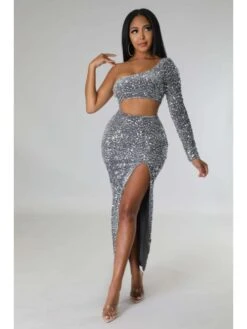 Sequin Cutouts One-shoulder Maxi Dress
