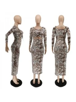 Leopard Cutouts Ruched Drawstring Maxi Dress -Women's Clothing Shop P 20240201141003478 972