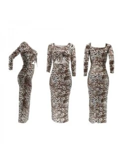 Leopard Cutouts Ruched Drawstring Maxi Dress -Women's Clothing Shop P 20240201141006178 258