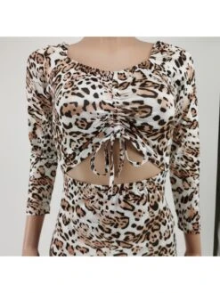 Leopard Cutouts Ruched Drawstring Maxi Dress -Women's Clothing Shop P 20240201141006887 519