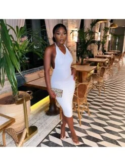 Solid Halter Ruched Backless Maxi Dress