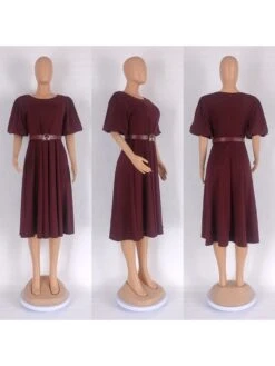 Puff Sleeve Slit Pocket A-line Midi Dress -Women's Clothing Shop P 20240202100536301 193