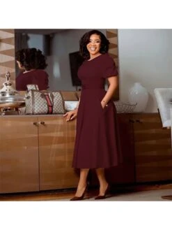 Puff Sleeve Slit Pocket A-line Midi Dress -Women's Clothing Shop P 20240202100537058 988