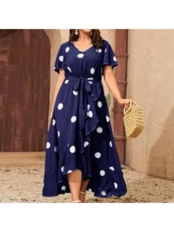 Polka Dots Lace Up Chiffon Short Sleeve Dress