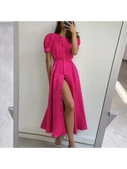 Solid Color Single Breasted Cardigan Short Sleeve Dress