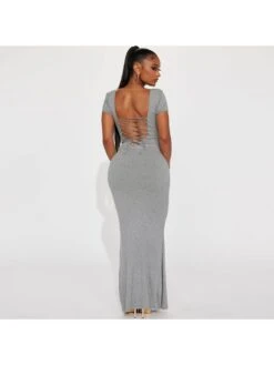 Lace Up U Neck Backless Short Sleeve Maxi Dress -Women's Clothing Shop P 20240221165516564 357