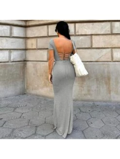 Lace Up U Neck Backless Short Sleeve Maxi Dress -Women's Clothing Shop P 20240221165517659 731